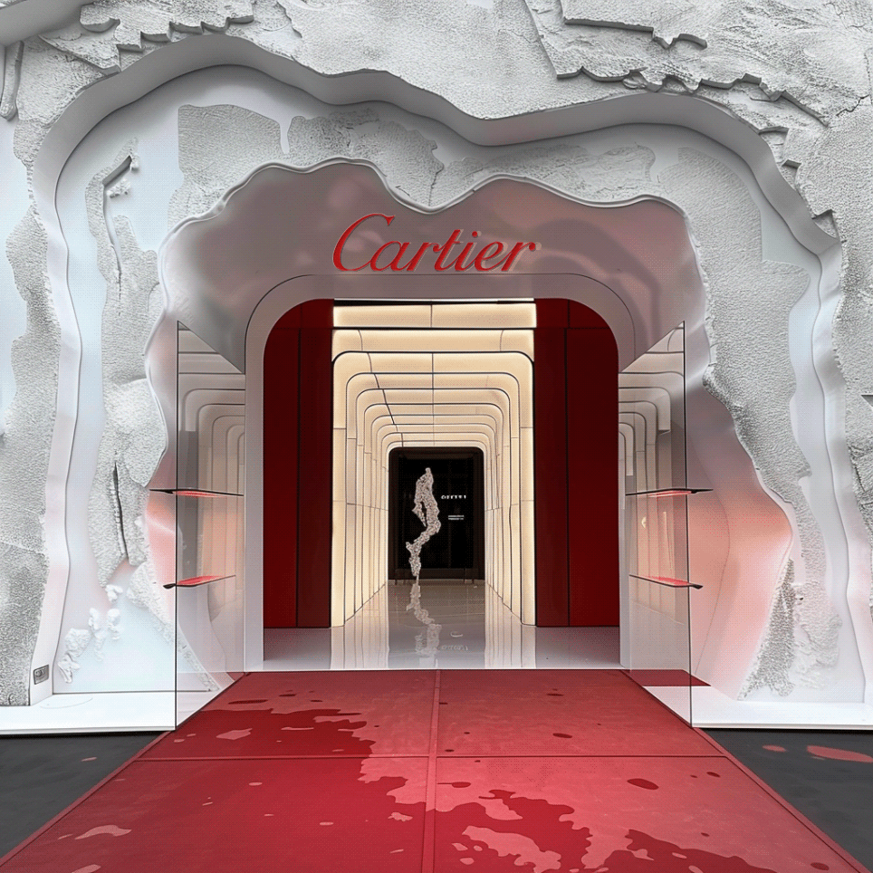 Retail art direction  3D Retail design Concept store Cartier Popup midjourney Creative Direction  daniel arsham santos luxury