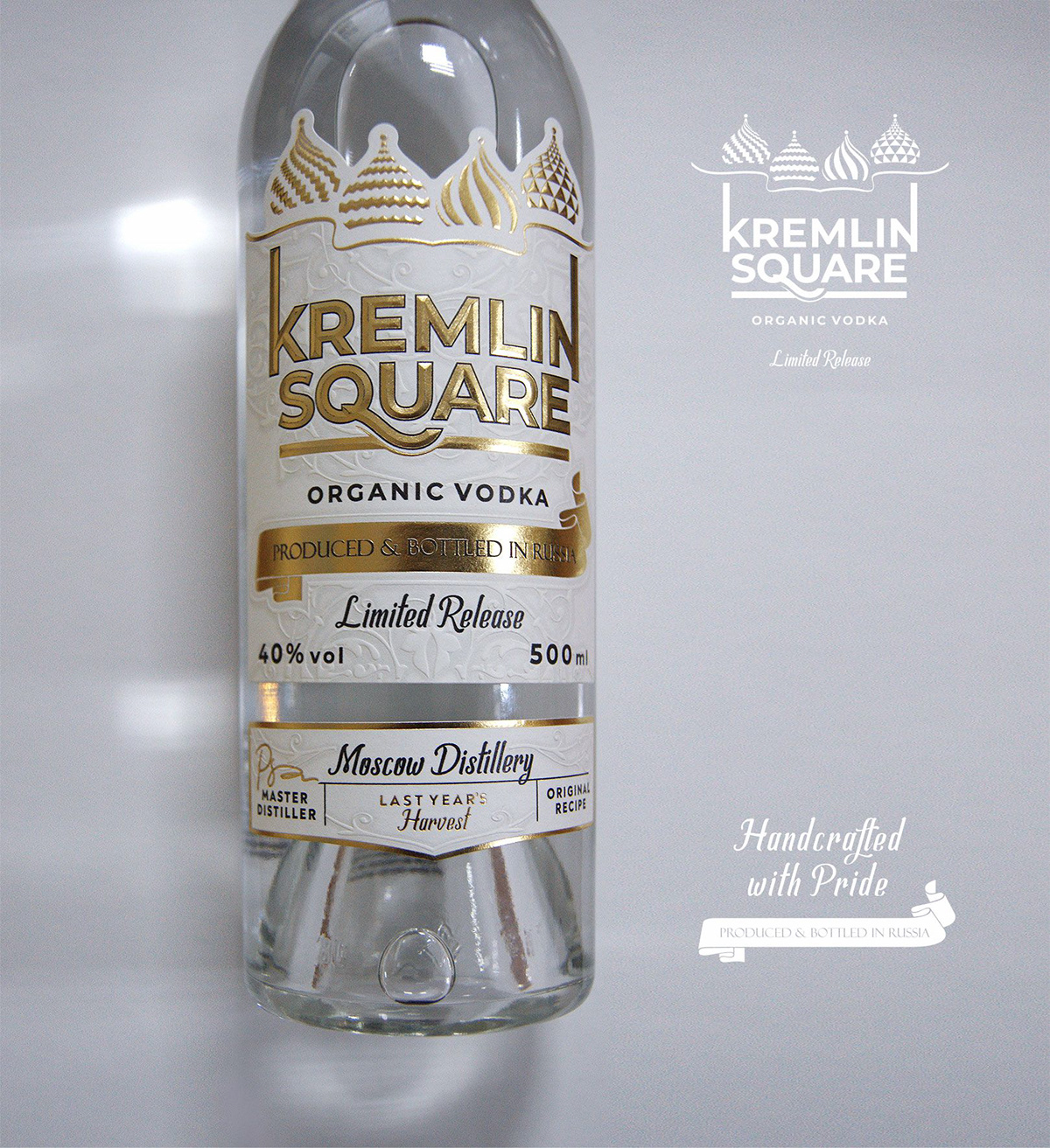 alcohol bottle brand identity design Label Packaging product design  visual identity Vodka Kremlin Square Vodka
