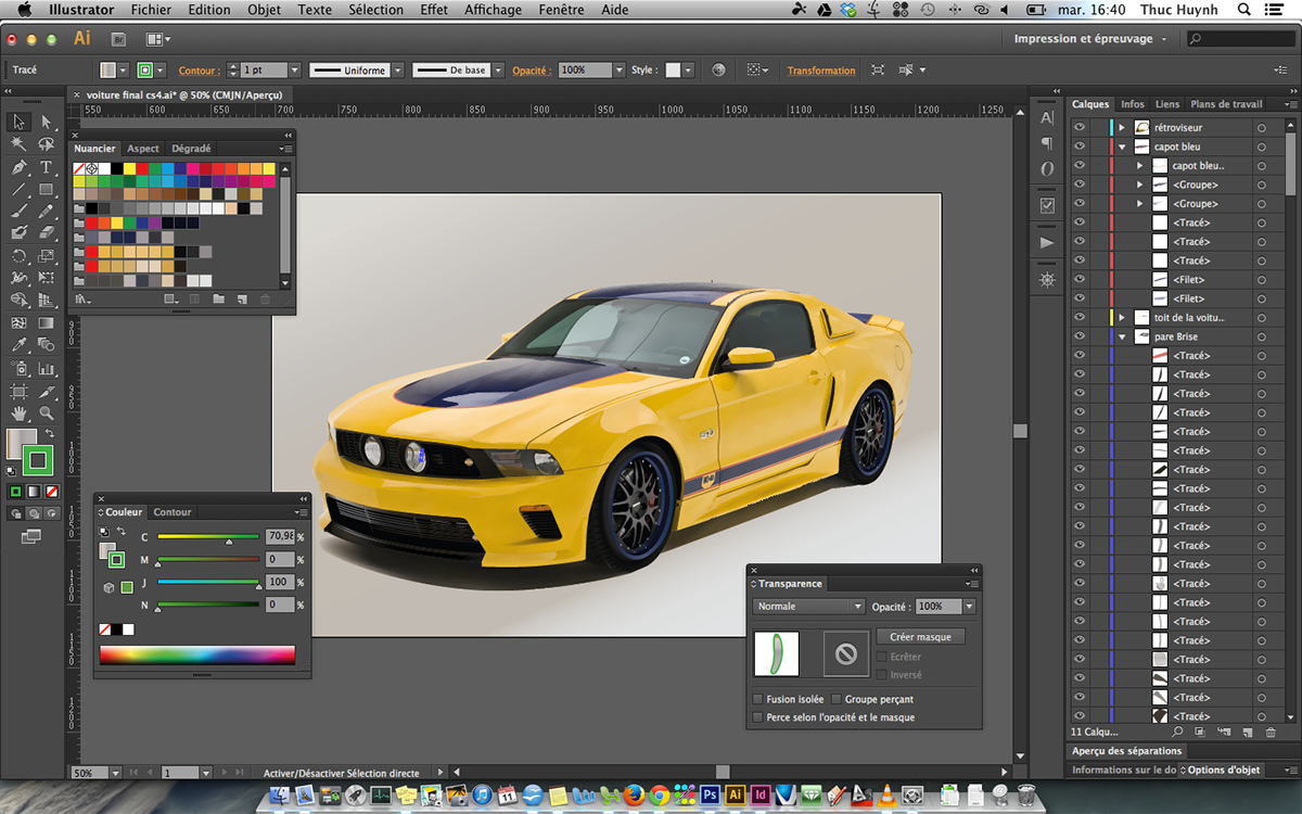 voiture Mustang jaune Illustrator strasbourg car 3D yellow tablette screen modelling modelisation adobe photo