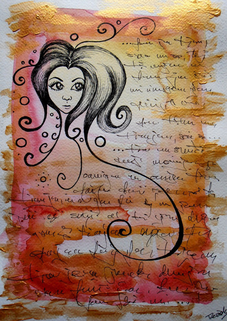 watercolor ink paper emotion feeling romantic scribblings letter face eye lips female woman pink blue