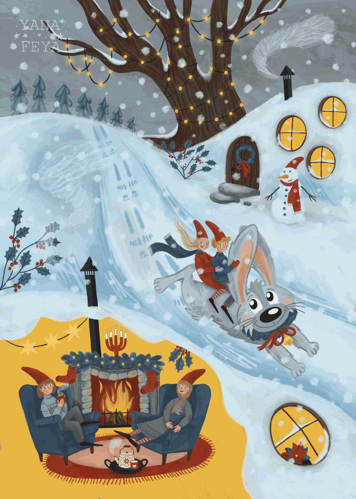 children's book Christmas Christmascards christmasillustration elf elves gnome gnomes rabbit Scandinavian