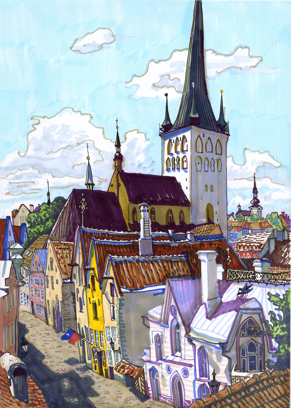 Tallinn Estonia old town Travel book sketch markers Holiday new year Christmas fairy tale sketchbook