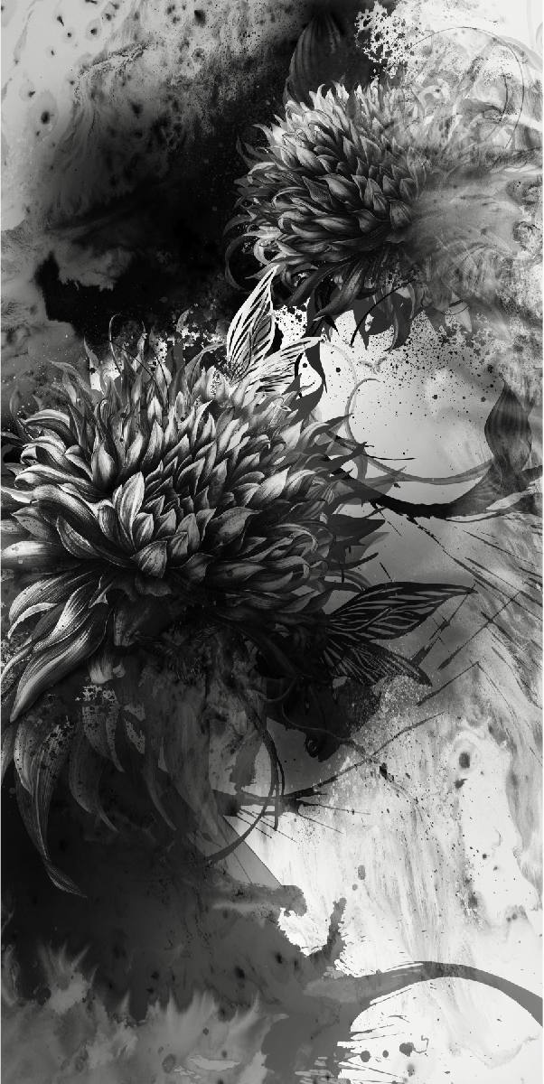 monotone black & white flower  nature fantasy water color  pencil right  dark water blight blooming.