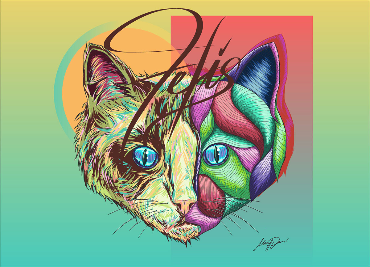 feline Cat kitty strokes details vector Digital Drawing digital process minimal