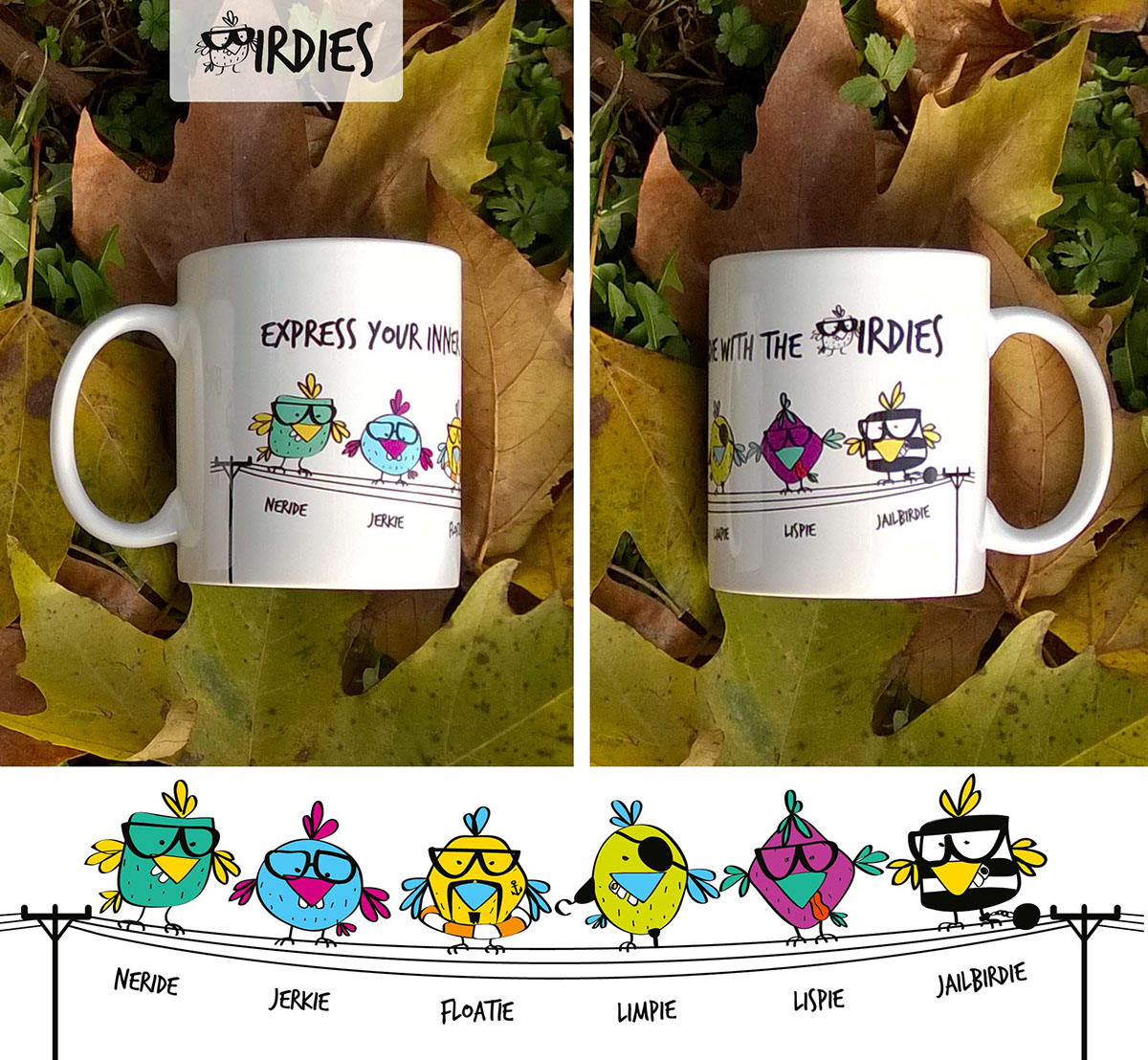 Mug  Coffee tea bird birdies nerd characters Hot ceramics  funny Colourful  mood humour tattoo