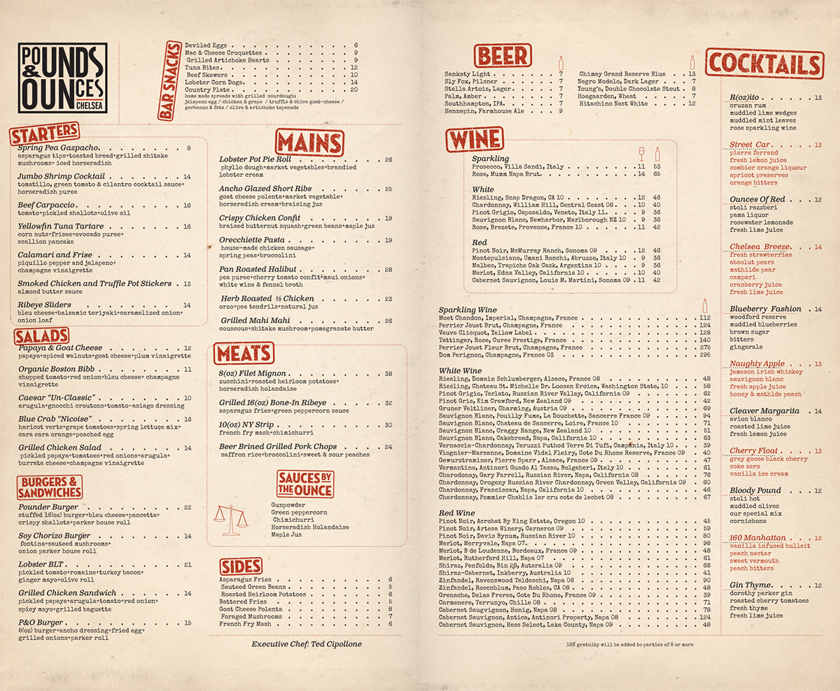 menu  restaurant  food photography New York