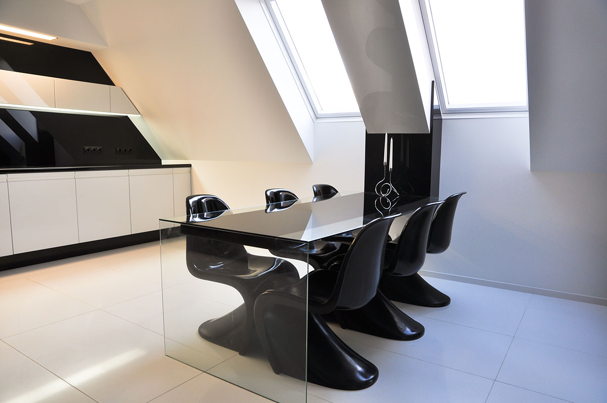 modern black White futuristic Fiberglass glass apartment desigm Interior kitchen table sofa Staircase