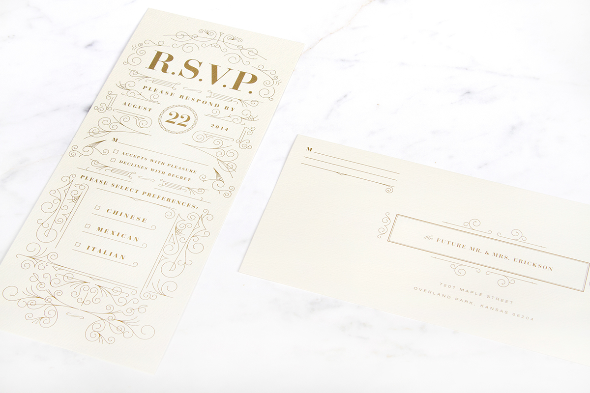 wedding Invitation metallic tone floral art deco Line Work monogram vertical paper cards invitation suite package elegance lace