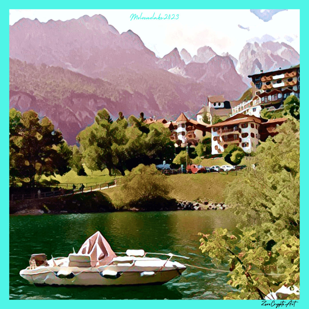 plastic boat lake dolomites mountains Landscape Italy painting   Photography  square
