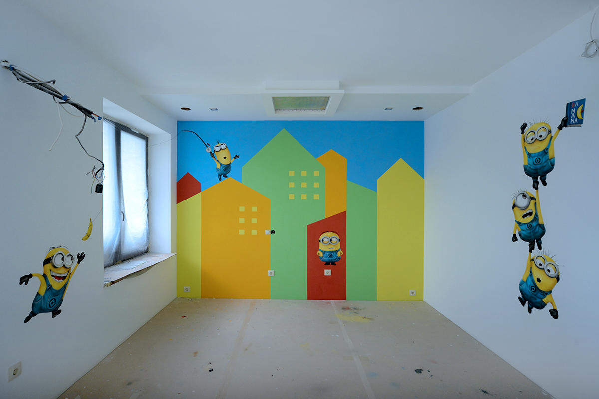 minions paintingonthewall Airbrushing childrenroom interiorpainting wallpainting Mural designforkids cartoononthewall minionsinchildrenroom