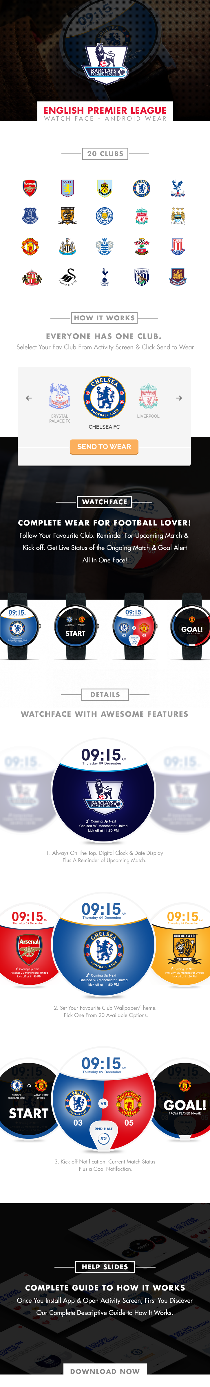 Android Wear wear watch watchface football English Premier league digital watchface presentation wear app app clubs digital digital clock design notification