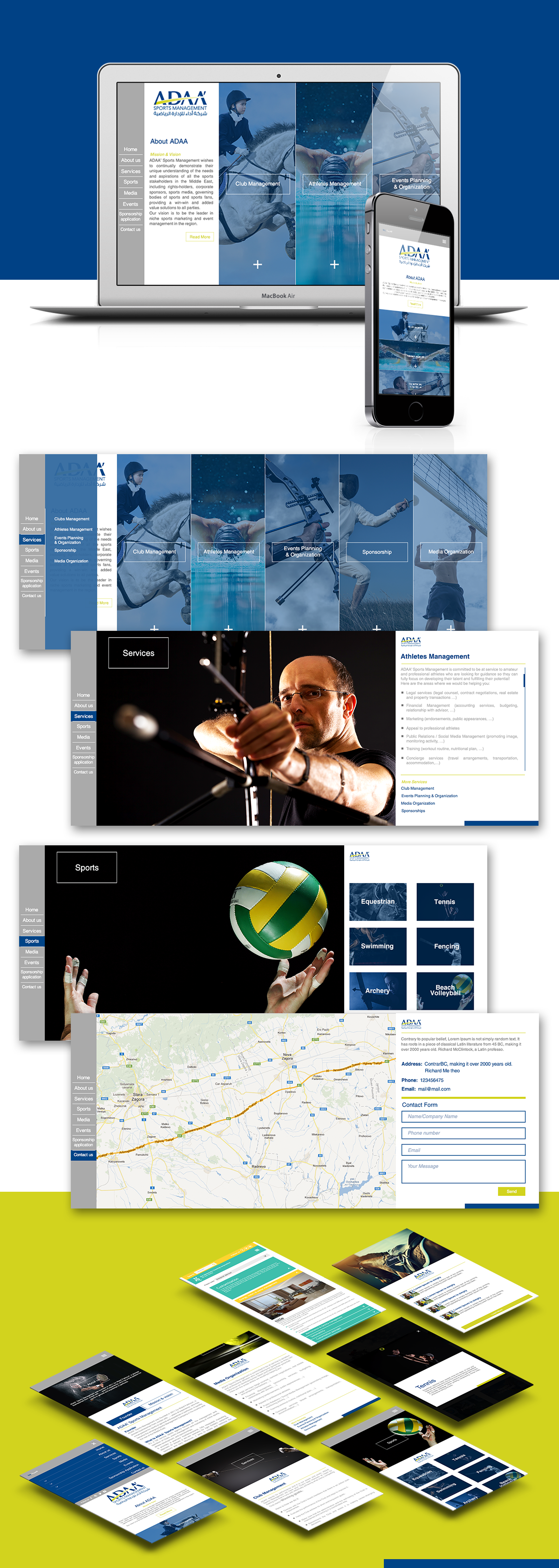 sports management mobile Responsive flat design webiste full screen side menu