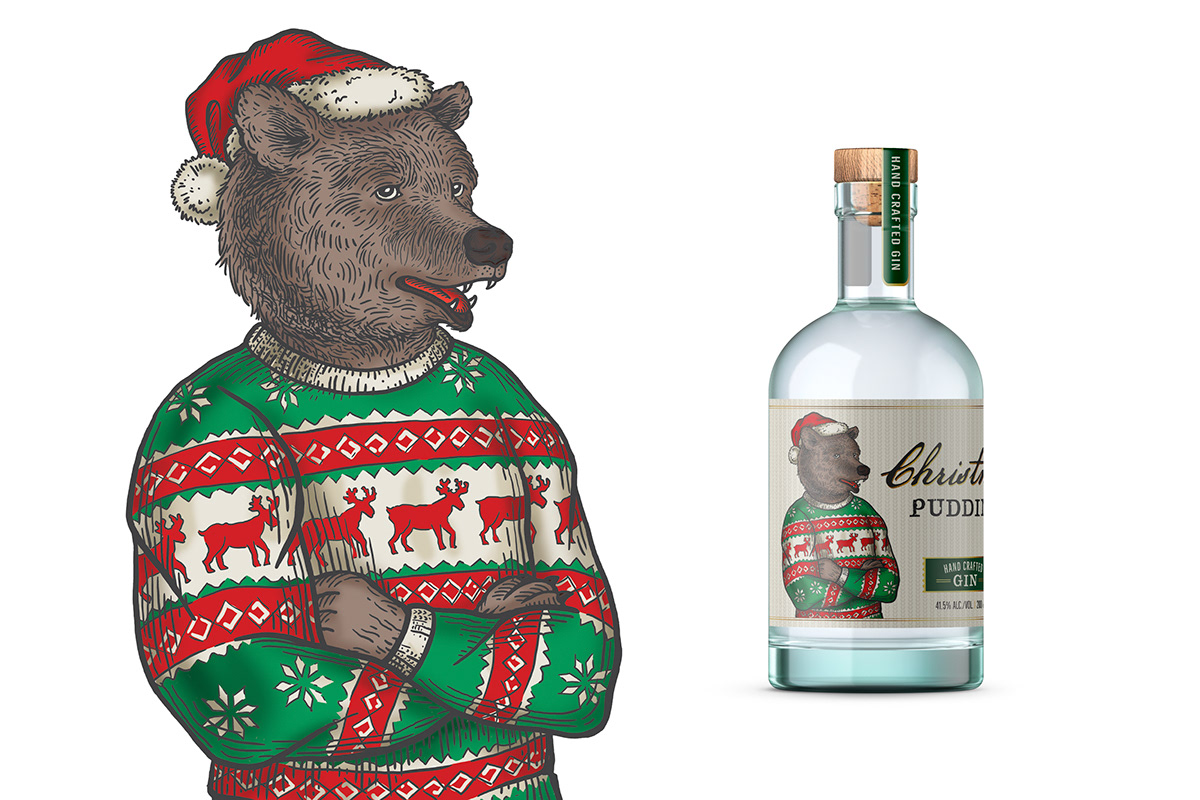 gin bear vintage spirit handdrawn Christmas new year gift present