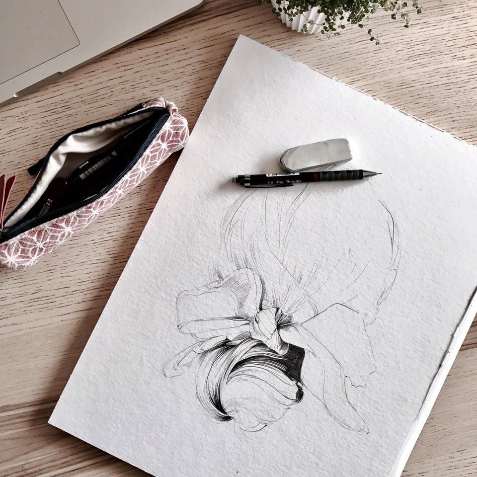 artwork pencilart pencil sketch Drawing  hair scarf hair bun hairdressing watercolor