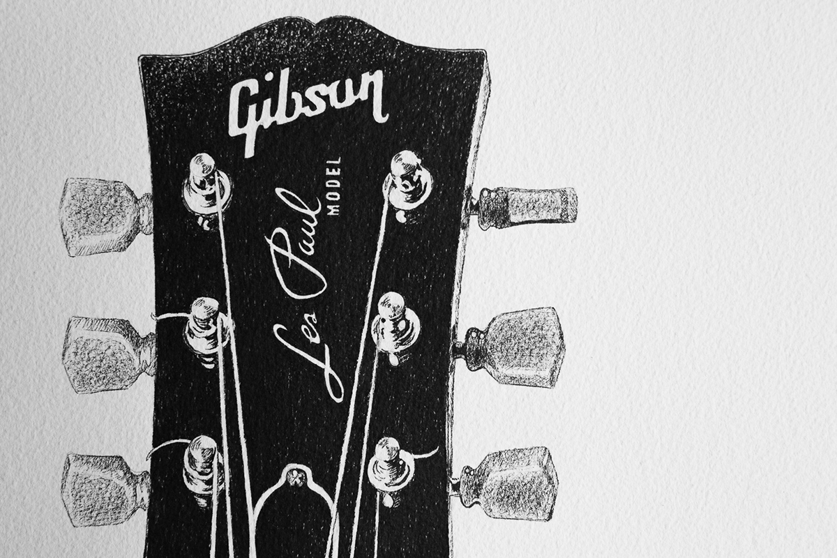 Gibson guitar rockandroll rock iconic les paul black and white Pen on Paper ink pen