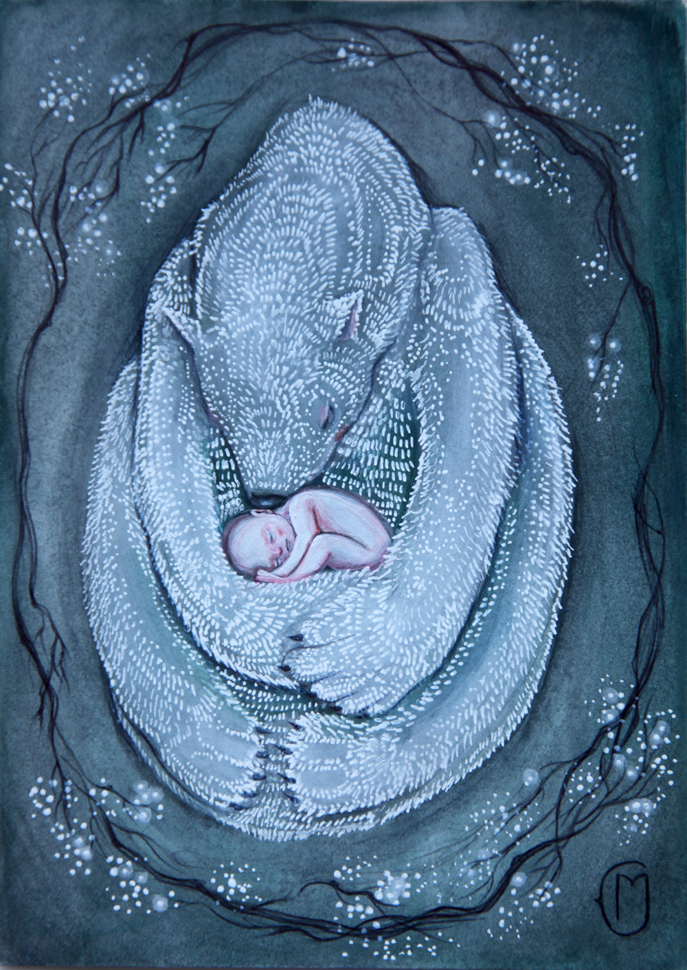 acrylic  ink  arches watercolourpaper  Cute  cozy  polarbear  bear  baby  sleeping