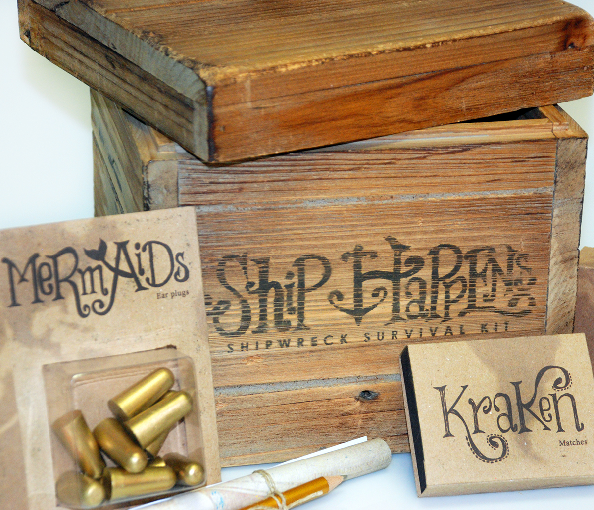 package design  survival kit Shipwreck mermaids pirates krakin poseidon typographic rustic wood ship happens