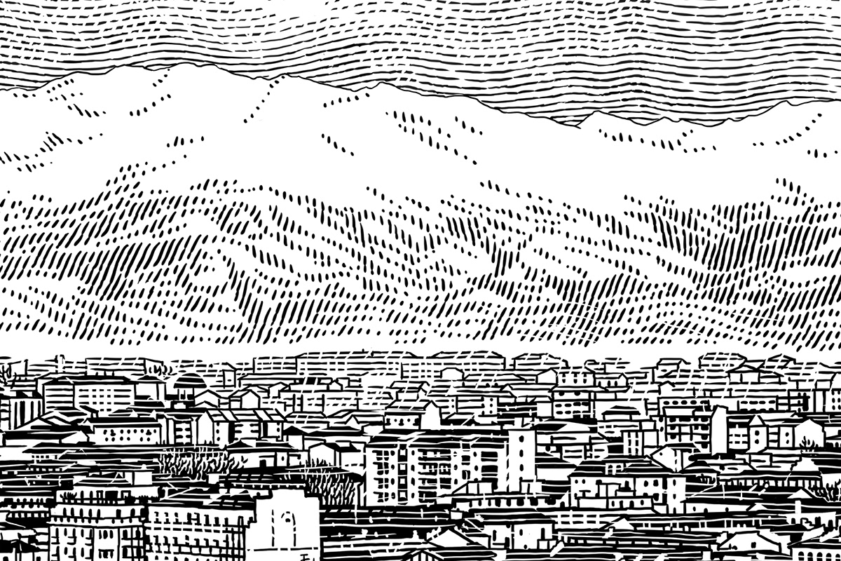 blackandwhite city cityview engraving etching Landscape lineart scratchboard woodcut linocut
