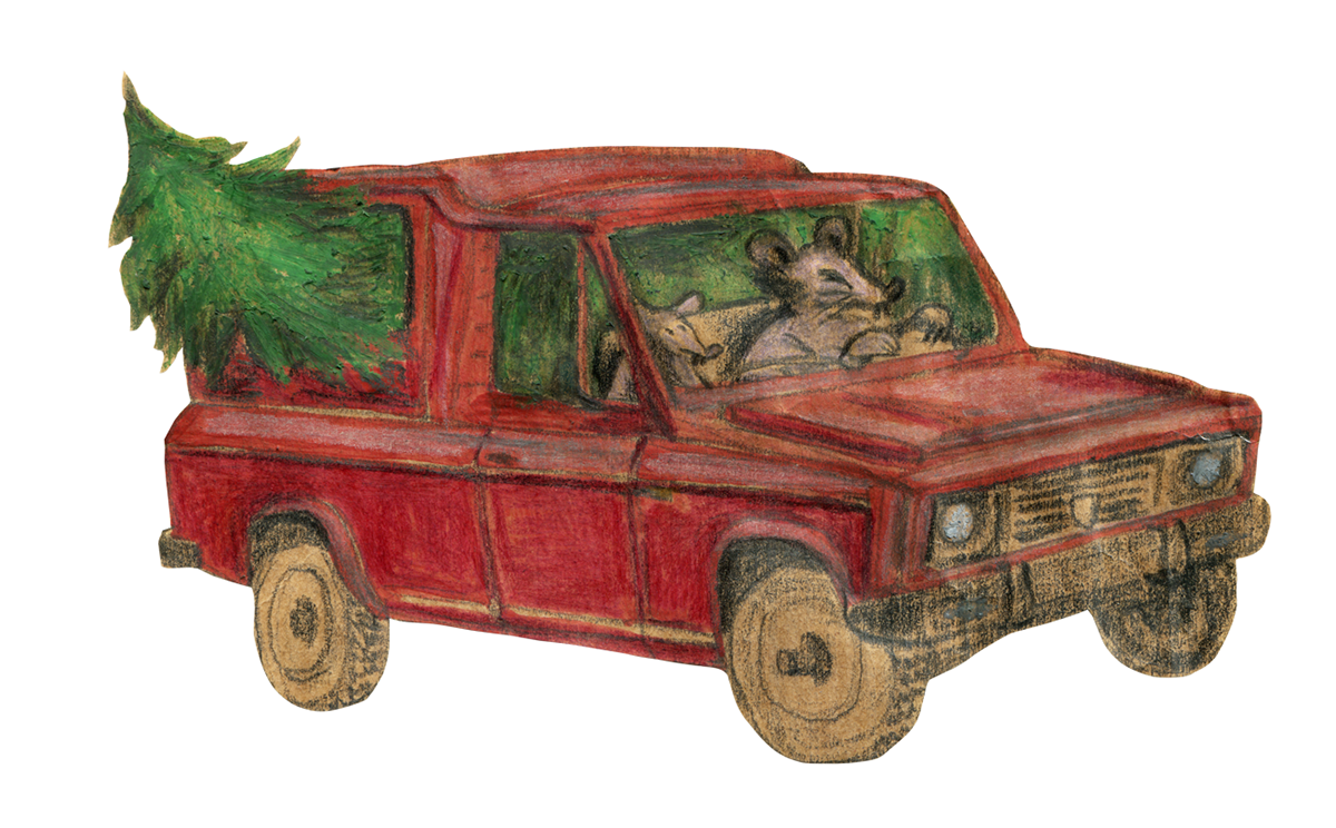 Romanian red off road car driven by mice, transporting a fir tree 