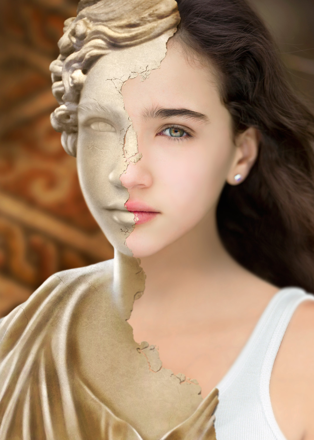 girl statue Ancient antique half face book cover stone