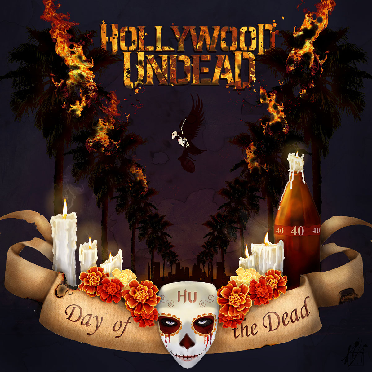 Hollywood Undead Day The Dead D.O.D skull altar band Flowers Flames dia de los muertos