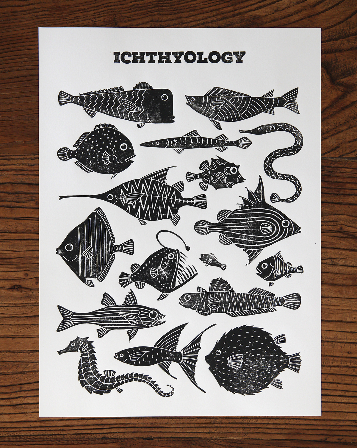 fish Ichthyology printmaking Linoprint linocut blockprint pattern fishes handmade harkenback
