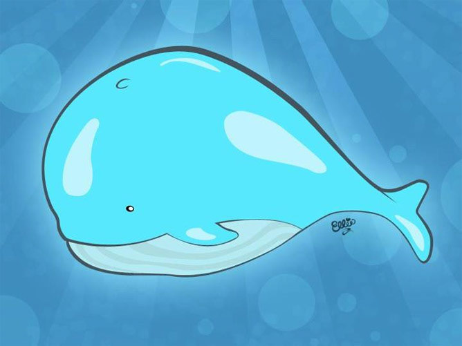 Cute, Funny Cartoon Art of a Whale Swimming in the Deep, Blue Sea by Ellie.