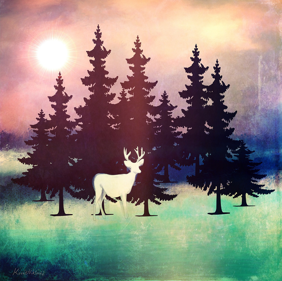 winter mood deer Tree  Christmas postcard forest