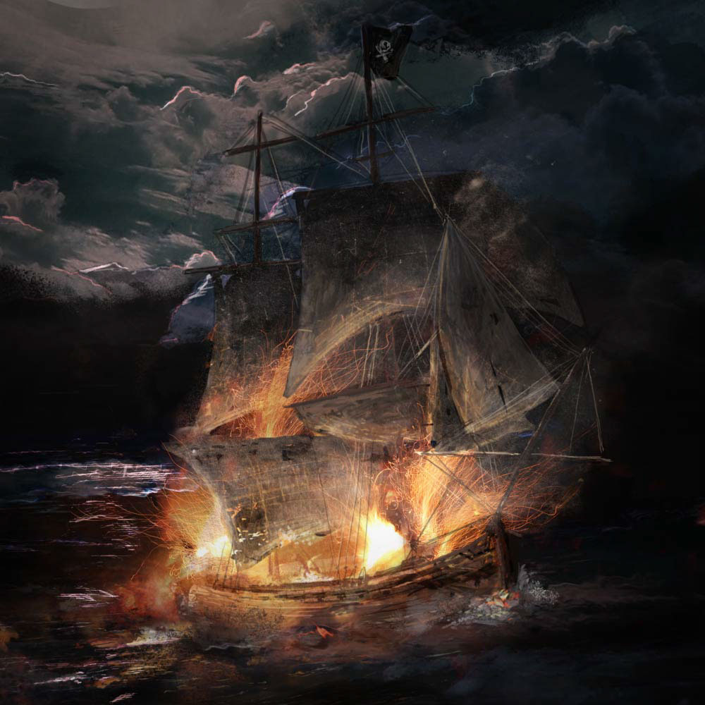 pirate ship sea naval battle fire fight moon explode explosion Cannon pirates british Man of War jolly roger