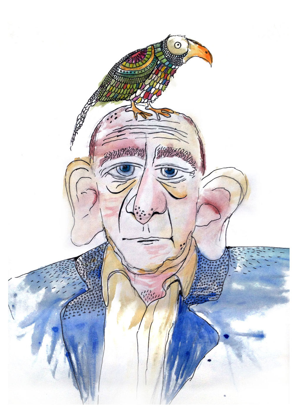 watercolour watercolor paint illustrate girl handdrawn gangsters elephant bird oldman man characters caricatures