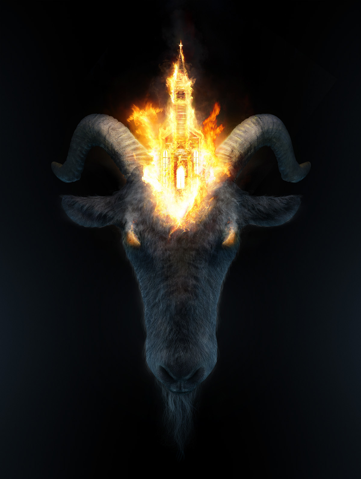church fire goat religion horns theology poster 3D burn