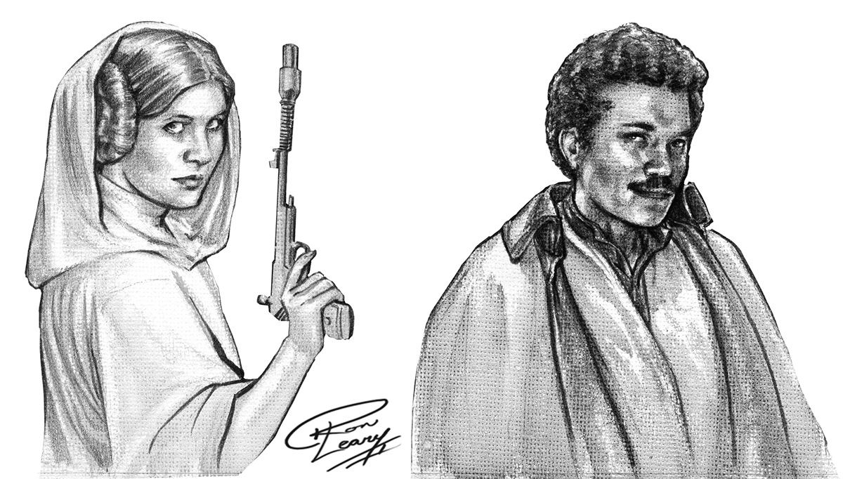 lucasfilms rl2vas ron leary  luke skywalker Han Solo Princess Leia Greedo hammer head Lando Calrisson Chewbacca science fiction commission sketches star wars