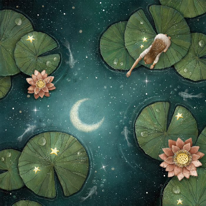 ILLUSTRATION  design artwork moonlight crescent moon Lotus pond art dreamy Illustrator