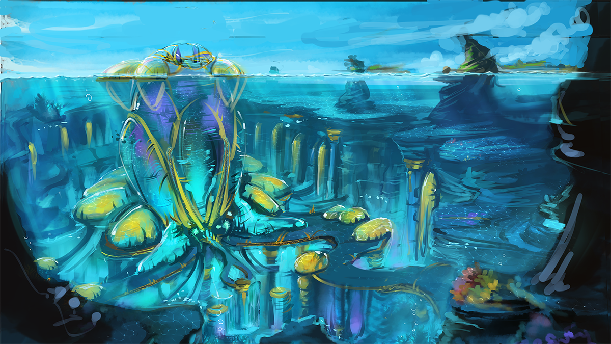 underwater Water City blue art rock environment