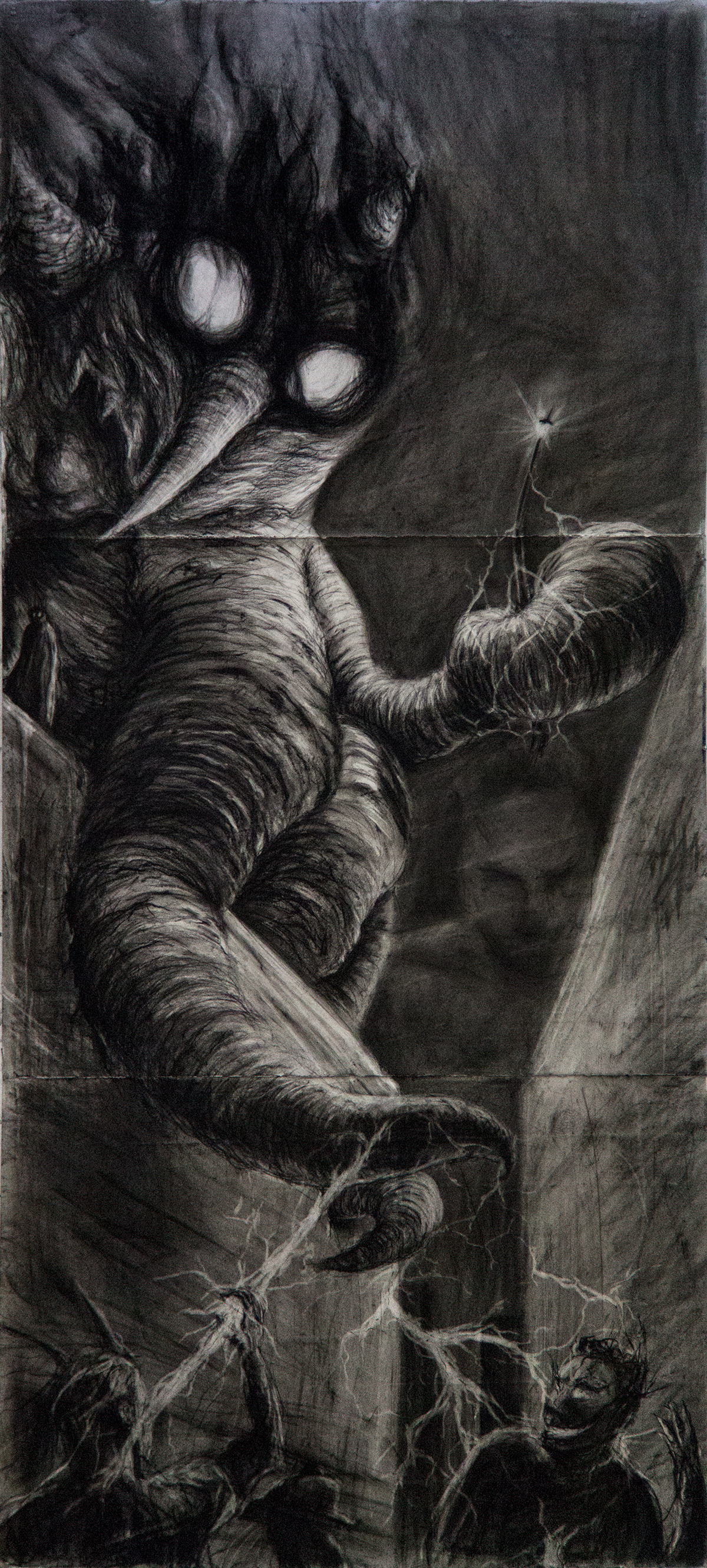 Drawing  charcoal black and white monster surreal surrealism human space