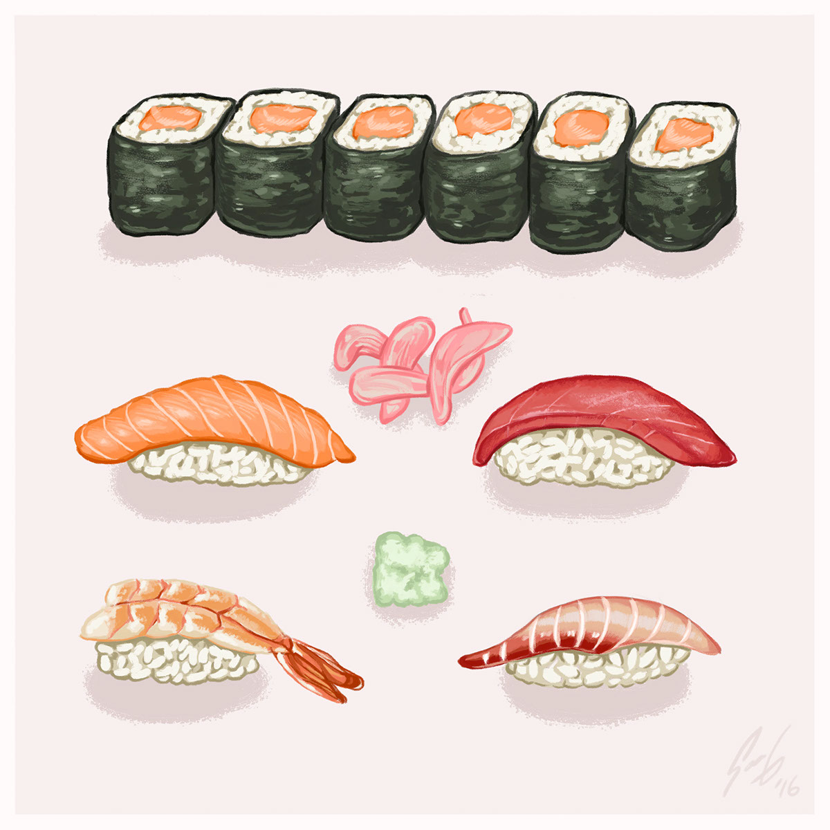 Food  Sushi edible digital painting menu illustration