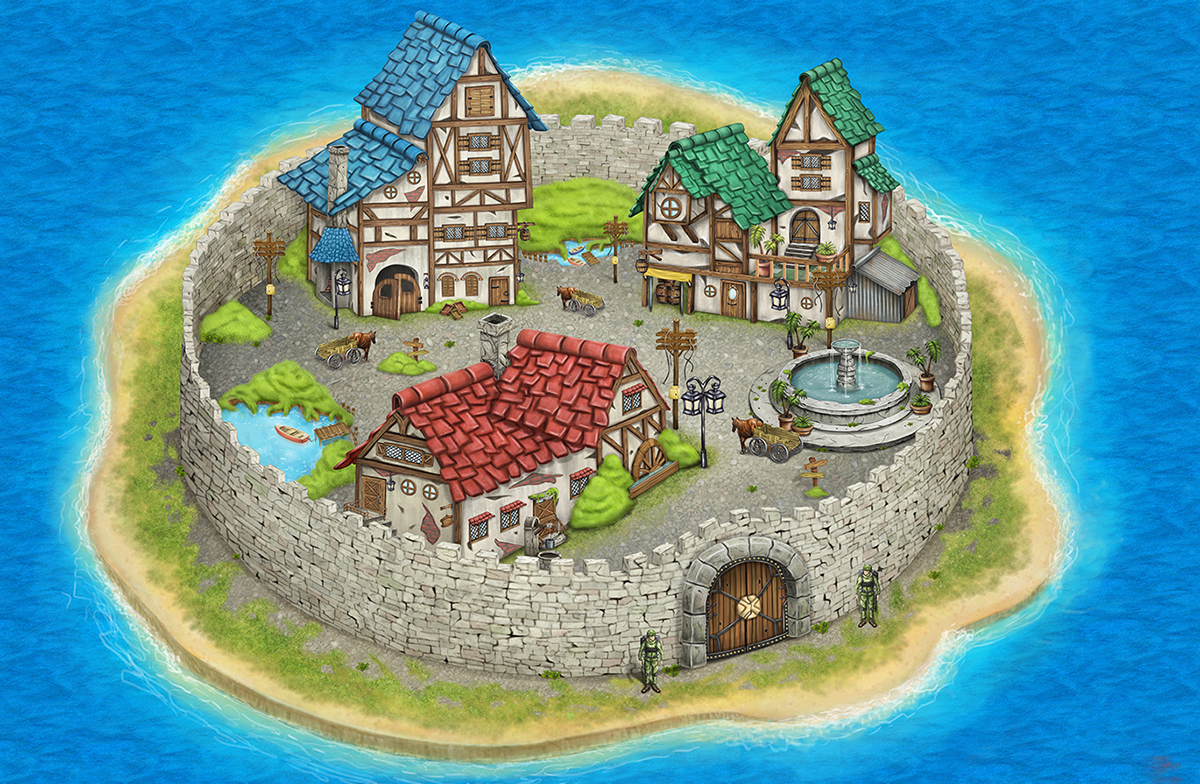 medieval town asset game cabain fountain horse lake boat Plant