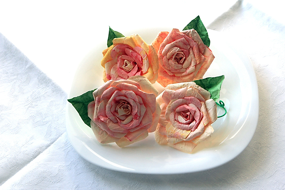 paper painted tempera rose sunrise  wire napkin ring green leaf classic meal table