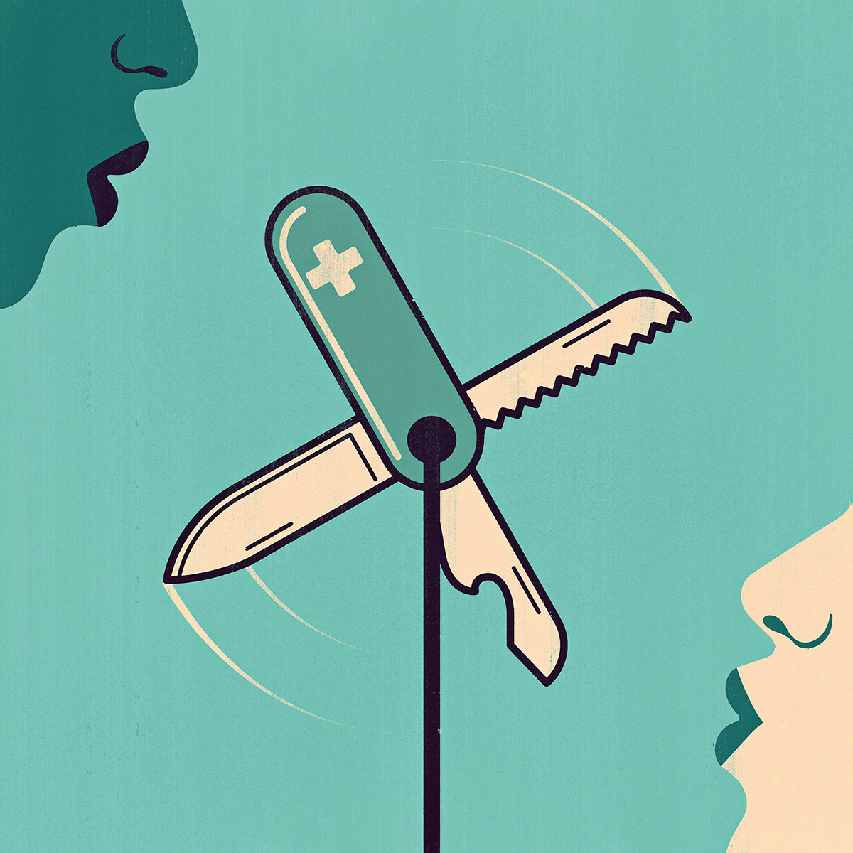 Illustration of two people that blow on a Swiss knife shaped like a pinwheel