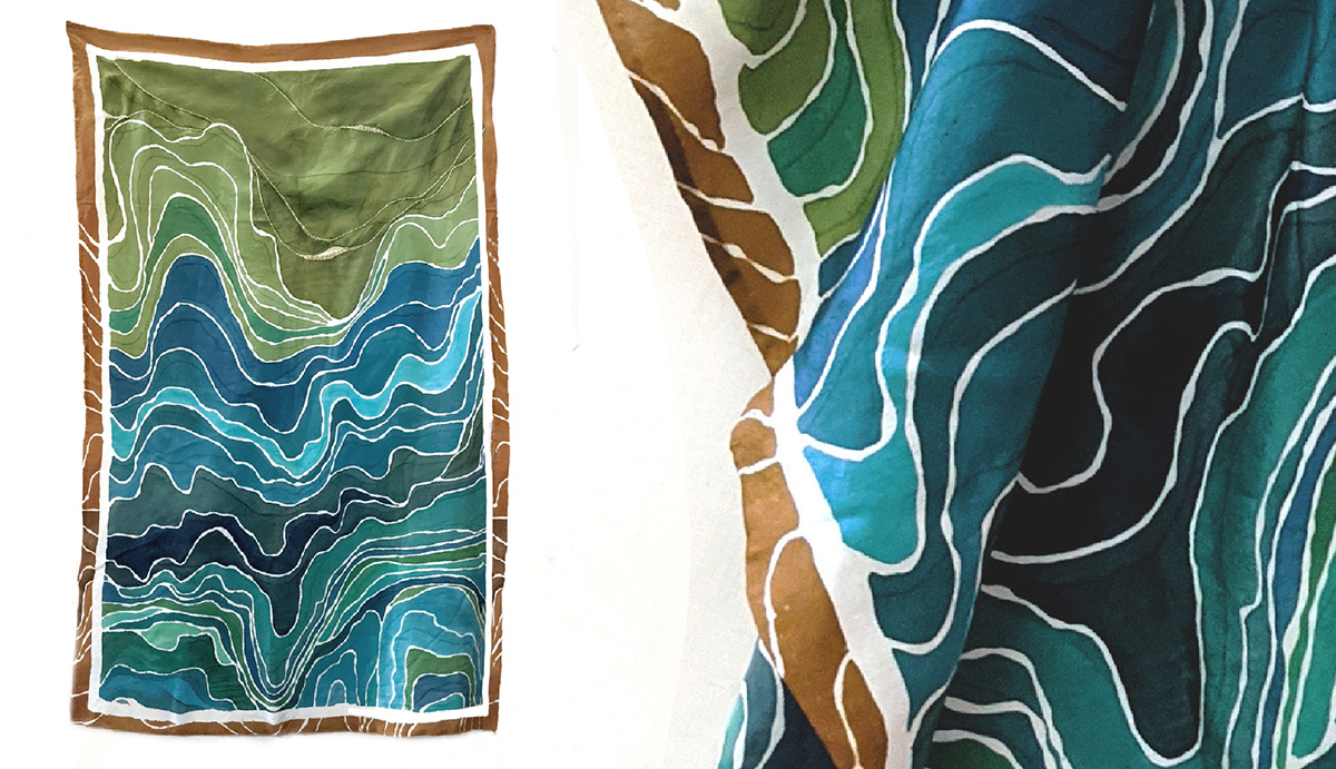 handpainting hokusai Kanagawa Wave Oblong print design  resist dyeing  screen printing silk scarves surface deisn yuzen
