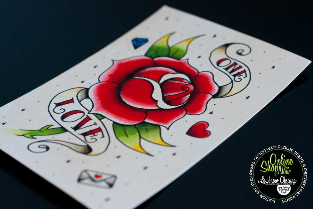 tattoo  rose  watercolor one love heart diamond  breath of fresh air design Lowbrow Obscura kustom art