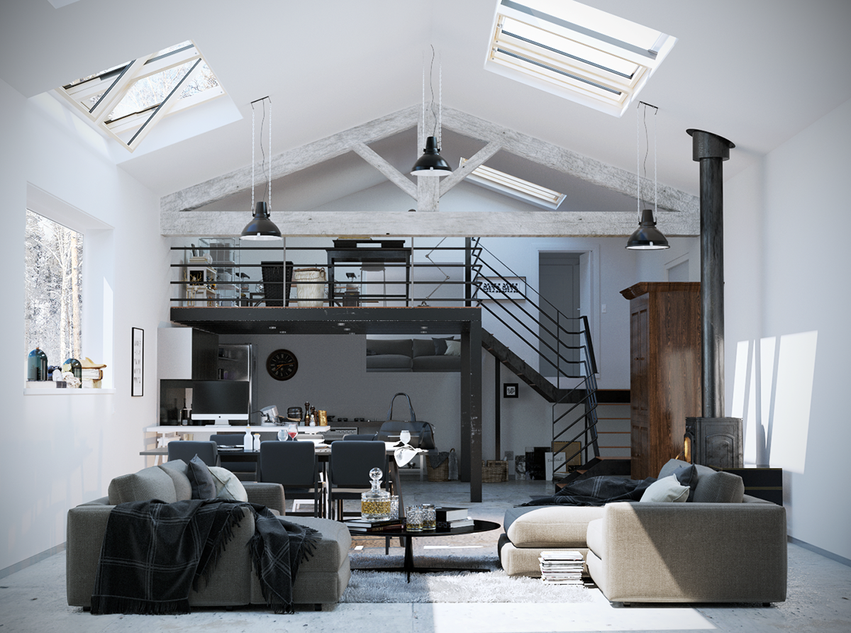 3dsmax corona design design interior living room Renderings black & white winter archiviz CG 3D Vizualization