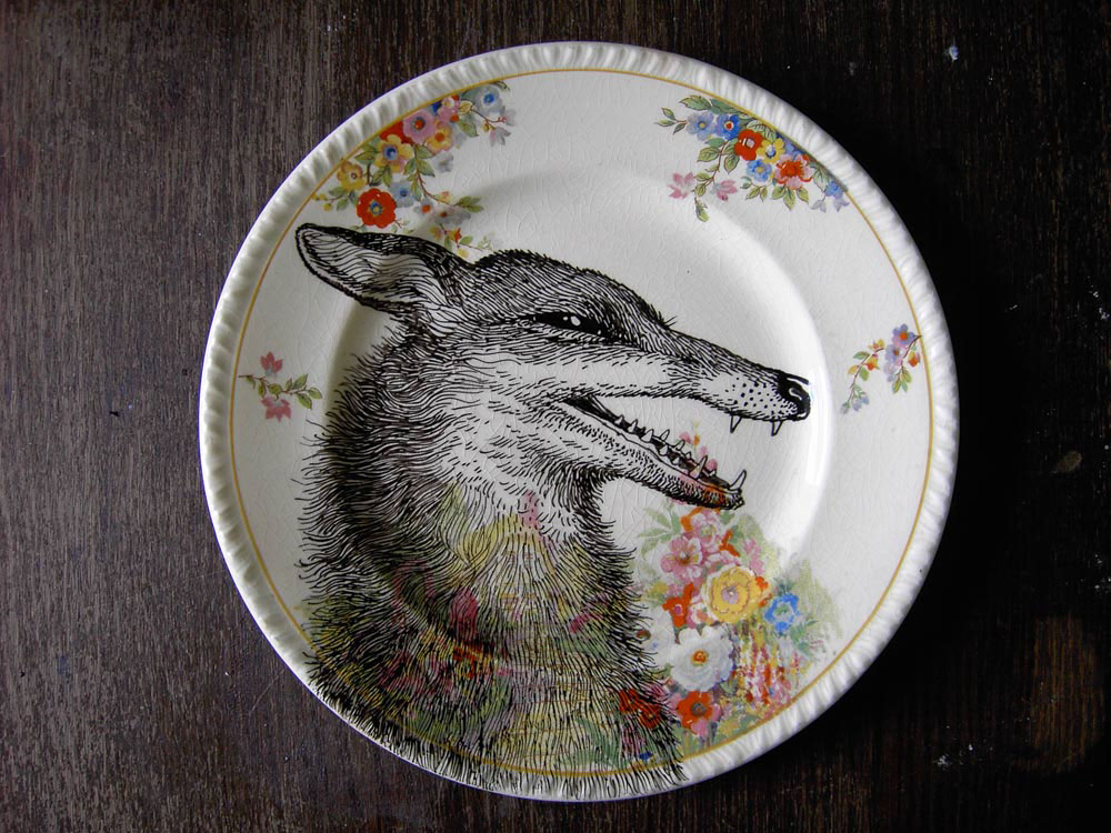 crockery animals rabbit weasel FOX Cat fine art illustration