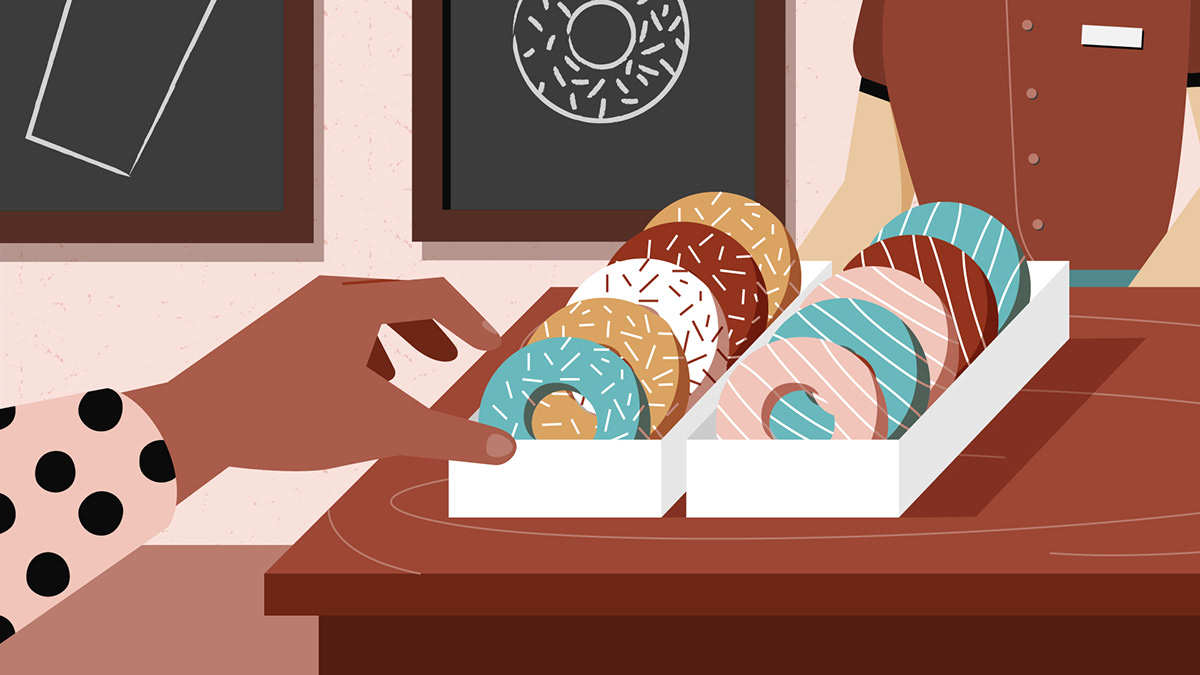 Adobe Portfolio Coffee coffee shop Donuts skateboard girl Character design  food illustration illustrationformotion schoolofmotion