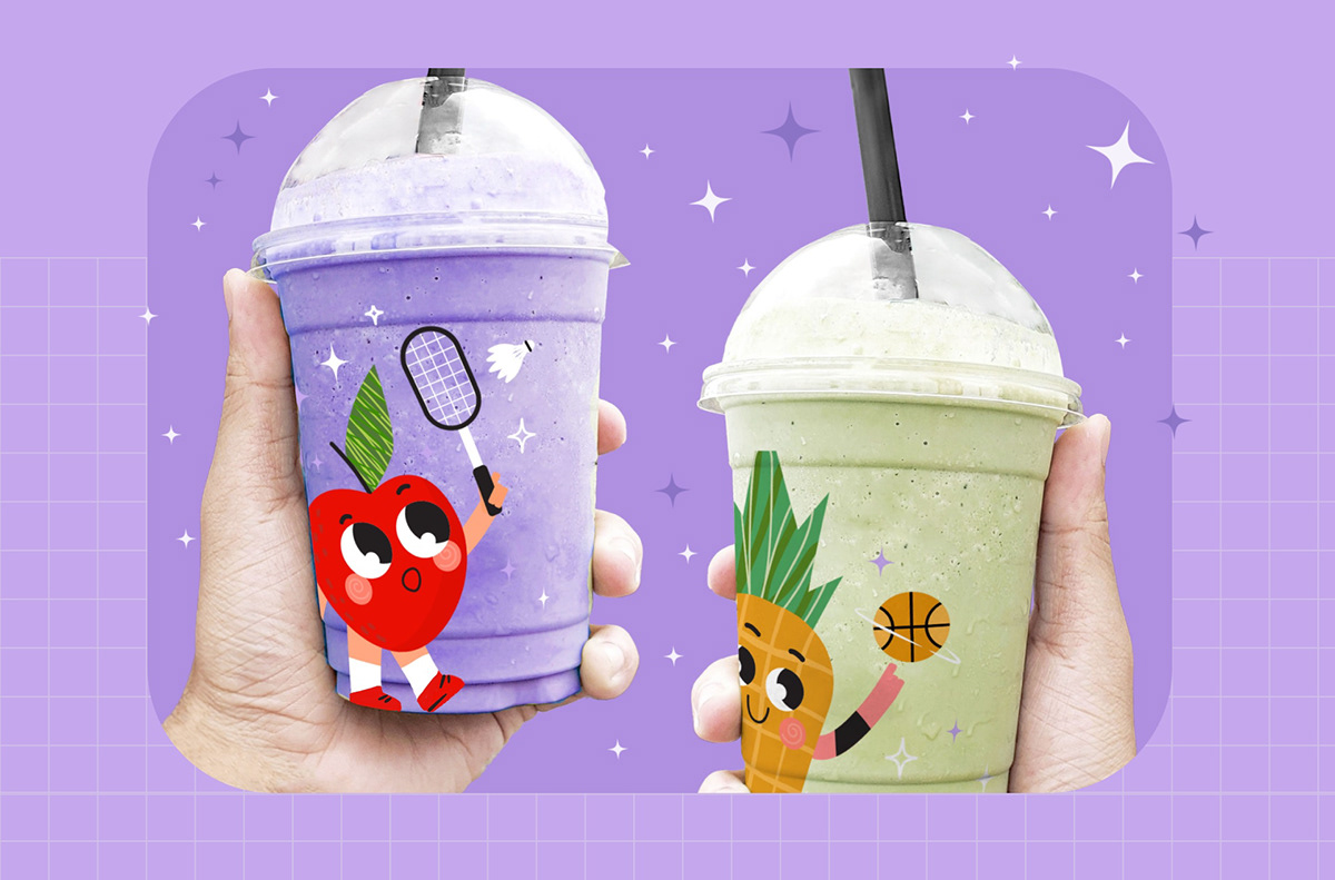Design of plastic cups for smoothie bar. Children's menu. Active, funny and sporty characters. 