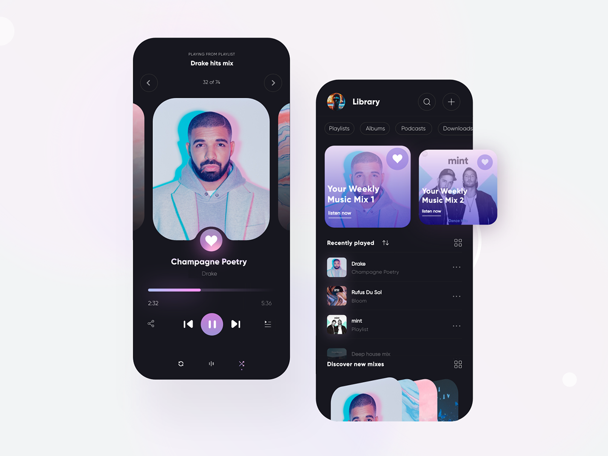 A concept music player app for mobile devices with dark UI theme.