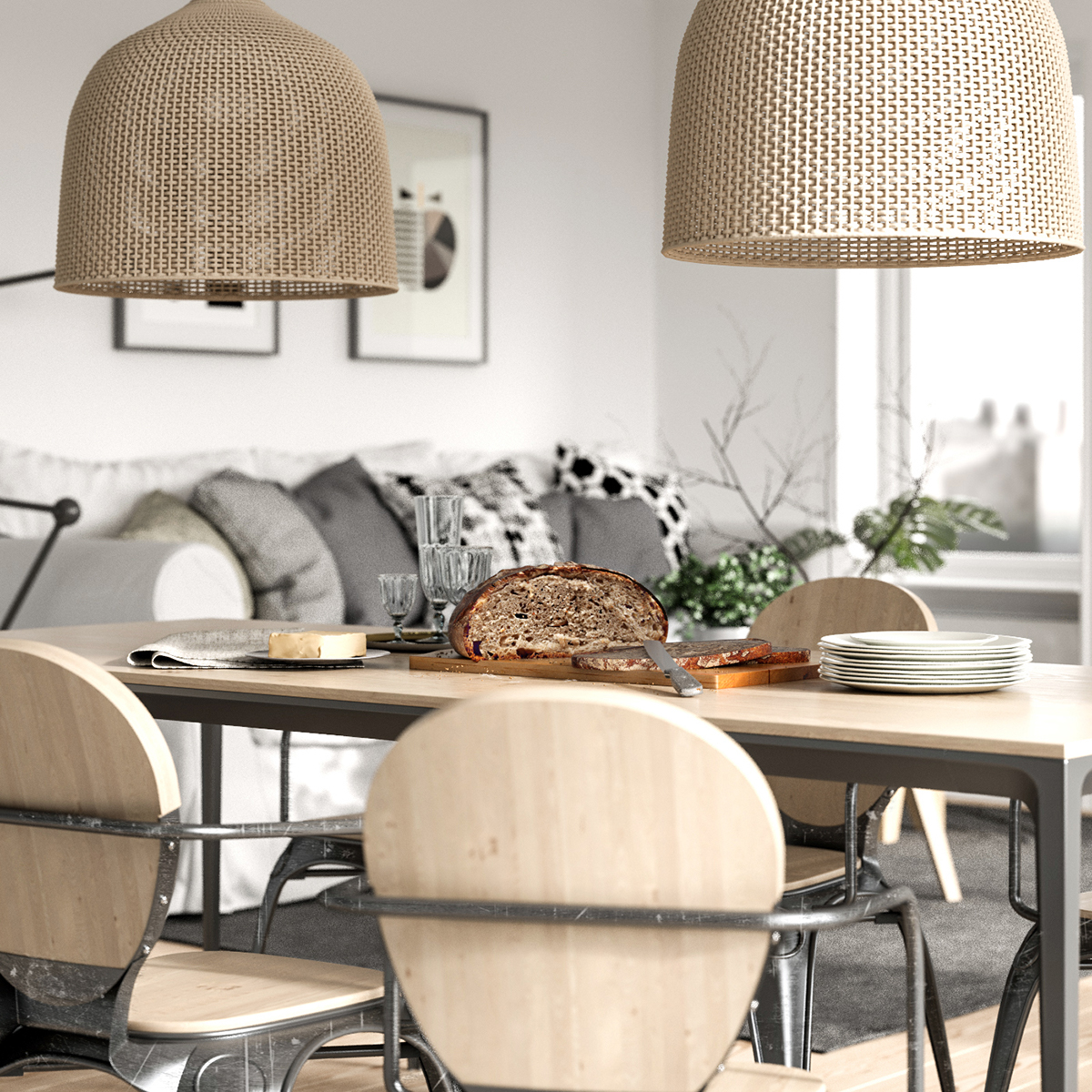 nordic Scandinavian CGI visuzalization 3D Render dining kitchen living room 3d max vray black gray White wooden