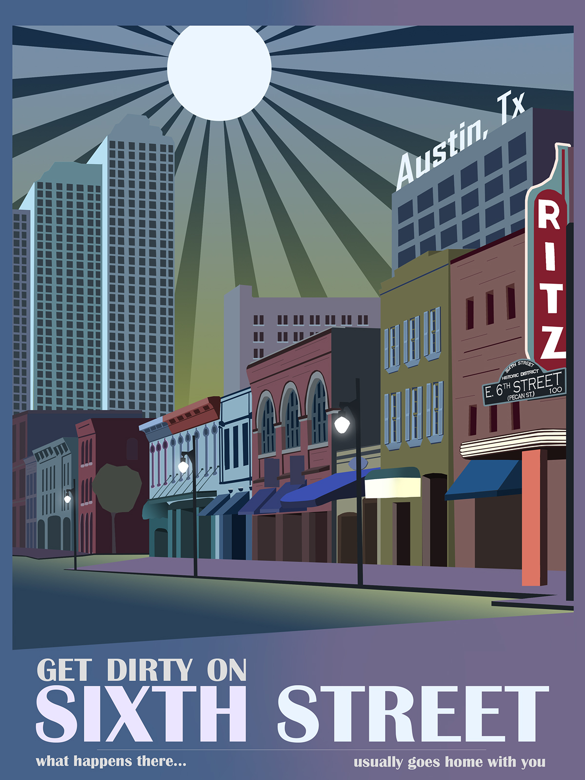 Austin poster Retro print art deco THROW BACK stylish Landmarks travel poster tourist