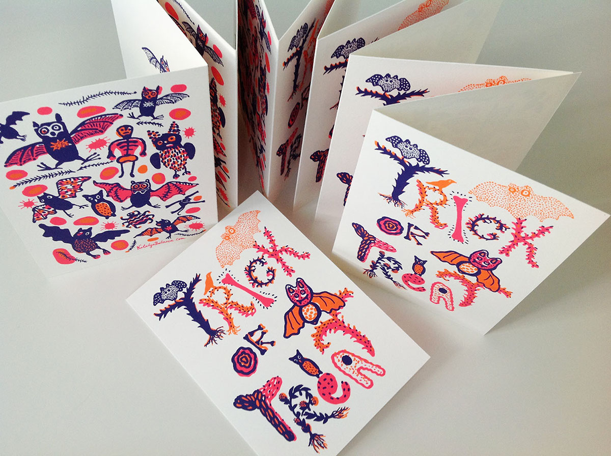 Bats Halloween hand-lettering orange pink printmaking silkscreen cards Holiday holiday cards  animals Nature owls
