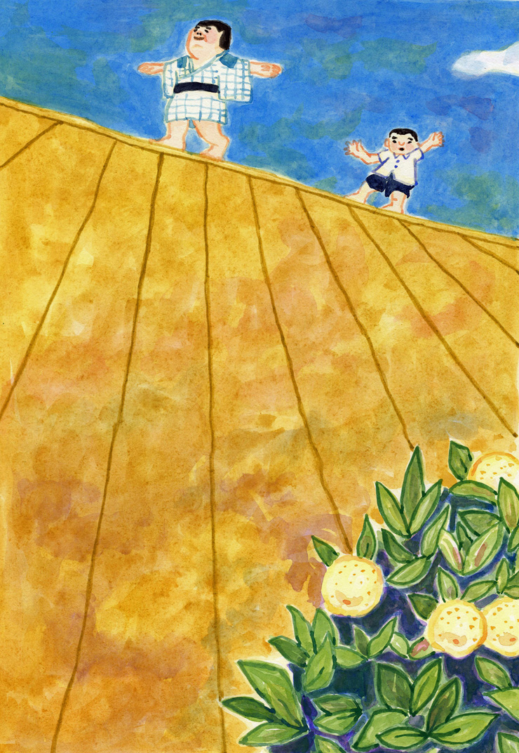 boy japanese fence wall orange blue yellow childhood